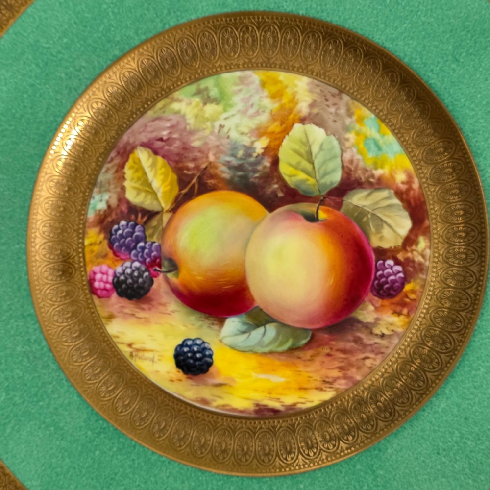 Pair Antique Wedgwood Hand Painted Fruit Plates (27cm) AD Holland Emerald Green Gilt c1910 View XII