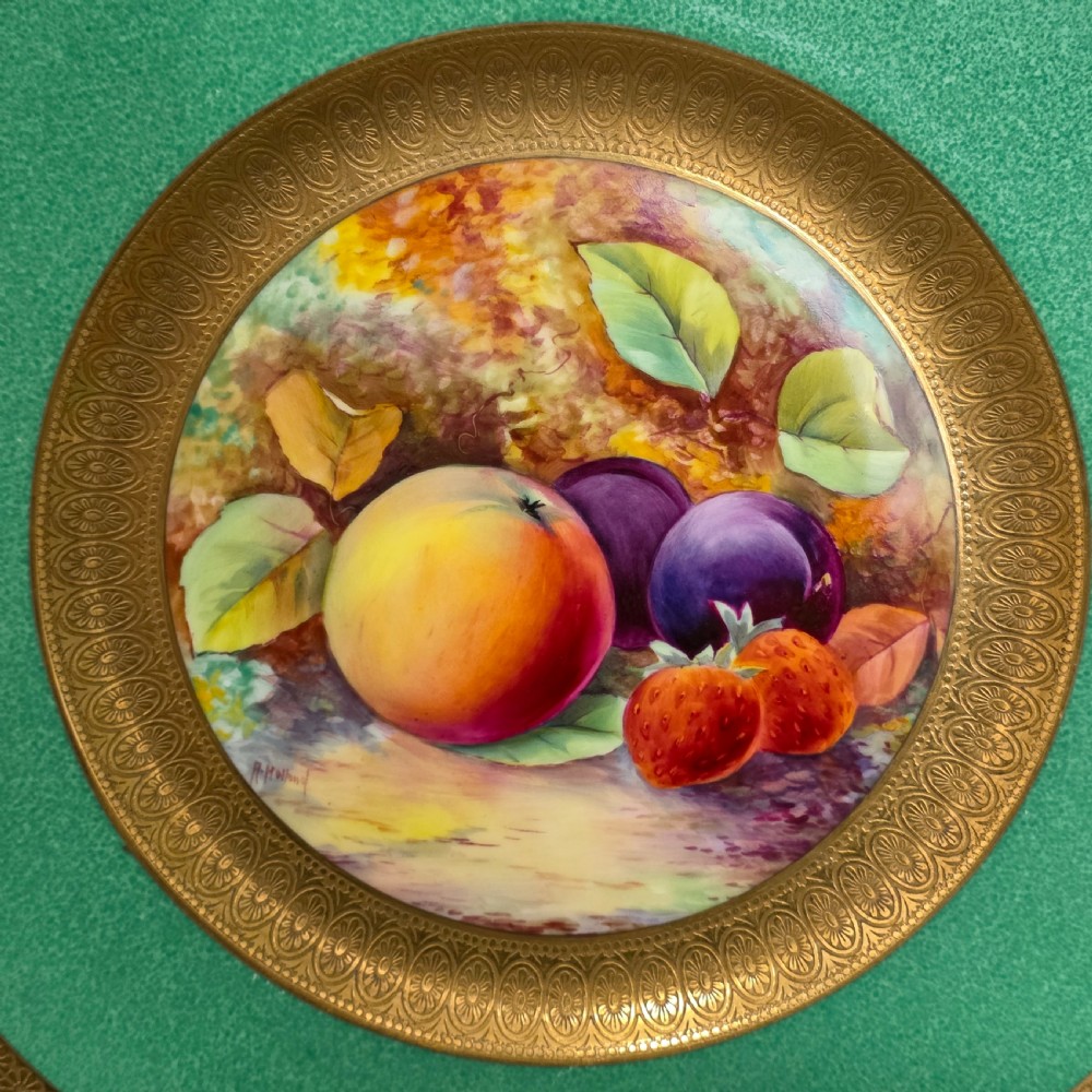 Pair Antique Wedgwood Hand Painted Fruit Plates (27cm) AD Holland Emerald Green Gilt c1910 View XIII