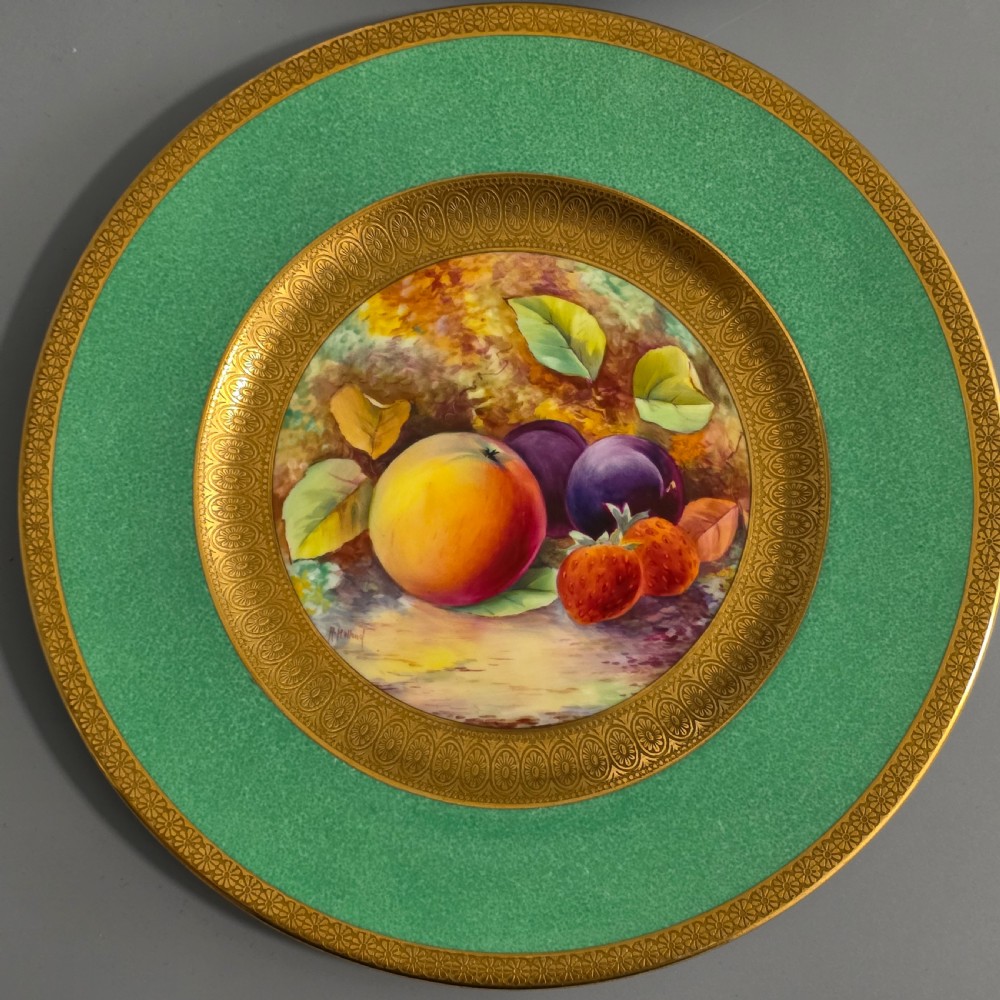 Pair Antique Wedgwood Hand Painted Fruit Plates (27cm) AD Holland Emerald Green Gilt c1910 View XIV