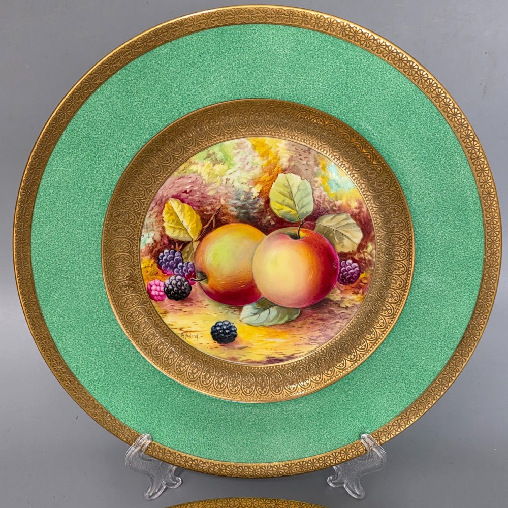 Pair Antique Wedgwood Hand Painted Fruit Plates (27cm) AD Holland Emerald Green Gilt c1910 View XVII