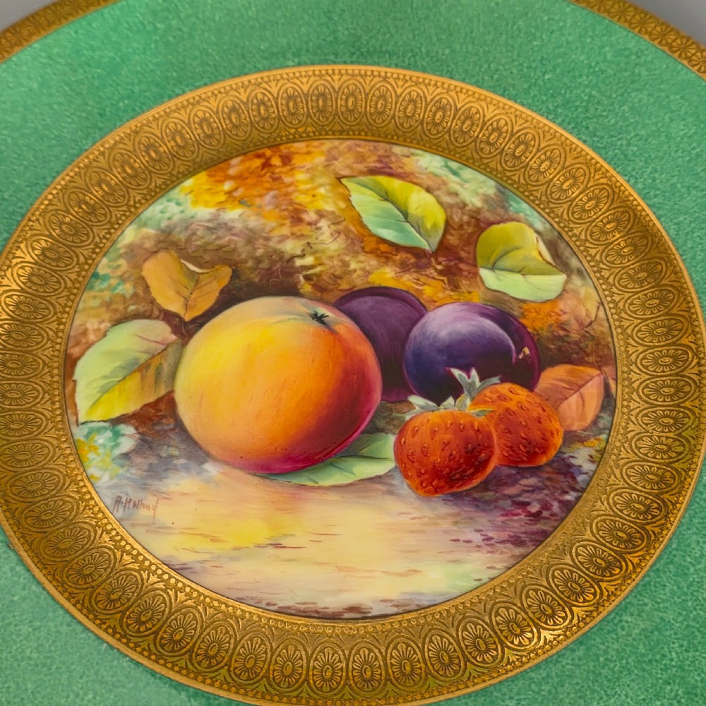 Pair Antique Wedgwood Hand Painted Fruit Plates (27cm) AD Holland Emerald Green Gilt c1910 View XVIII