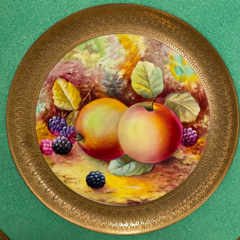 Pair Antique Wedgwood Hand Painted Fruit Plates (27cm) AD Holland Emerald Green Gilt c1910 View XIX