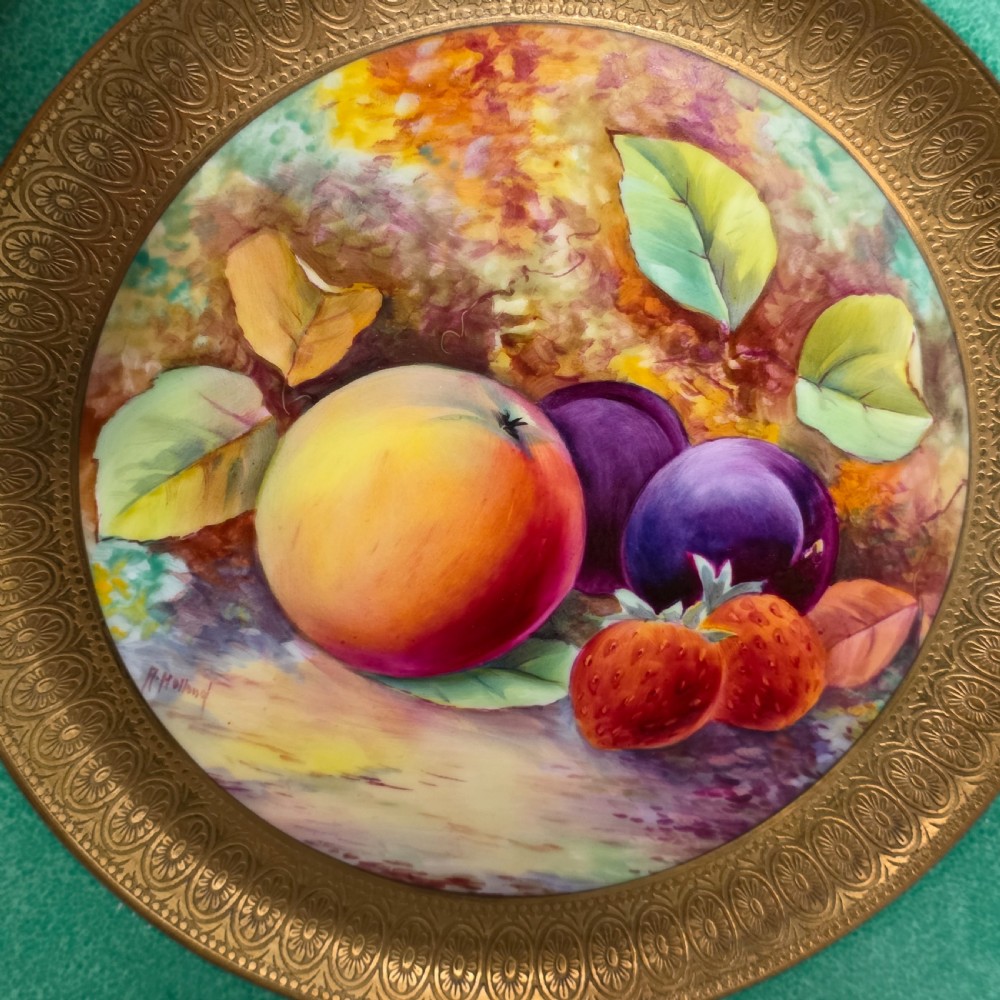 Pair Antique Wedgwood Hand Painted Fruit Plates (27cm) AD Holland Emerald Green Gilt c1910 View XX
