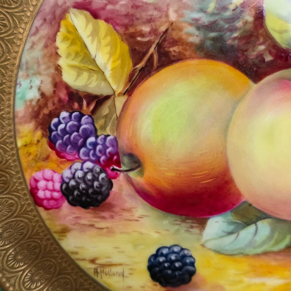 Pair Antique Wedgwood Hand Painted Fruit Plates (27cm) AD Holland Emerald Green Gilt c1910 View XXI