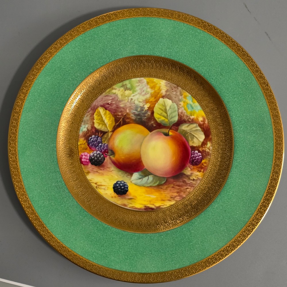 Pair Antique Wedgwood Hand Painted Fruit Plates (27cm) AD Holland Emerald Green Gilt c1910 View XXV