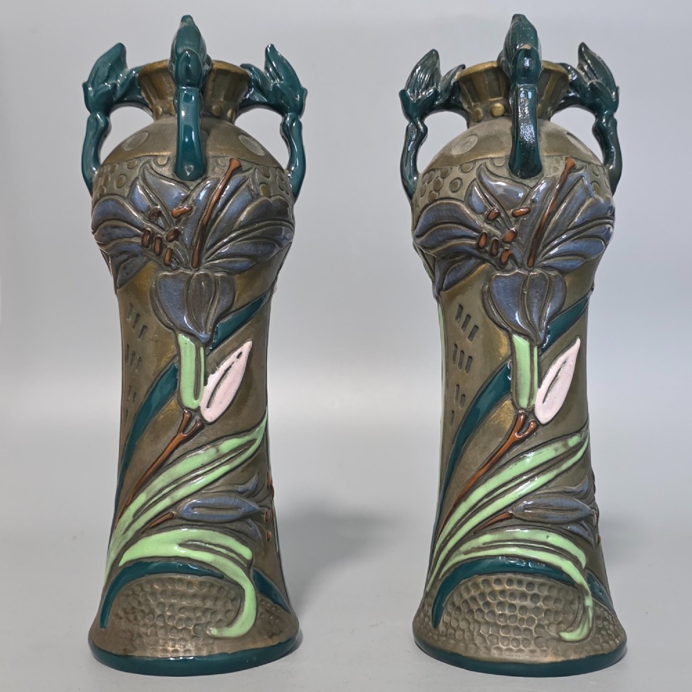 Pair of Art Nouveau Austrian Amphora Reissner & Kessel Vases 24.5cm