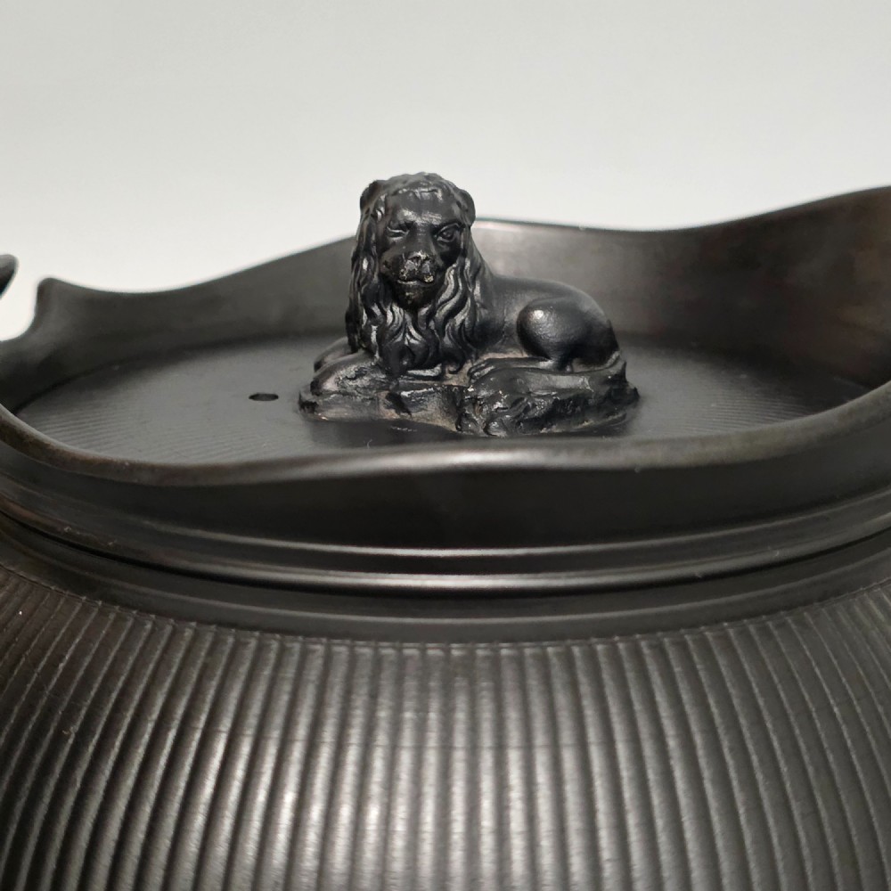 An 18th-century matte black basalt teapot featuring vertical engine-turned fluting, a curved spout, and a lid crowned with a sculpted lion finial. View VIII