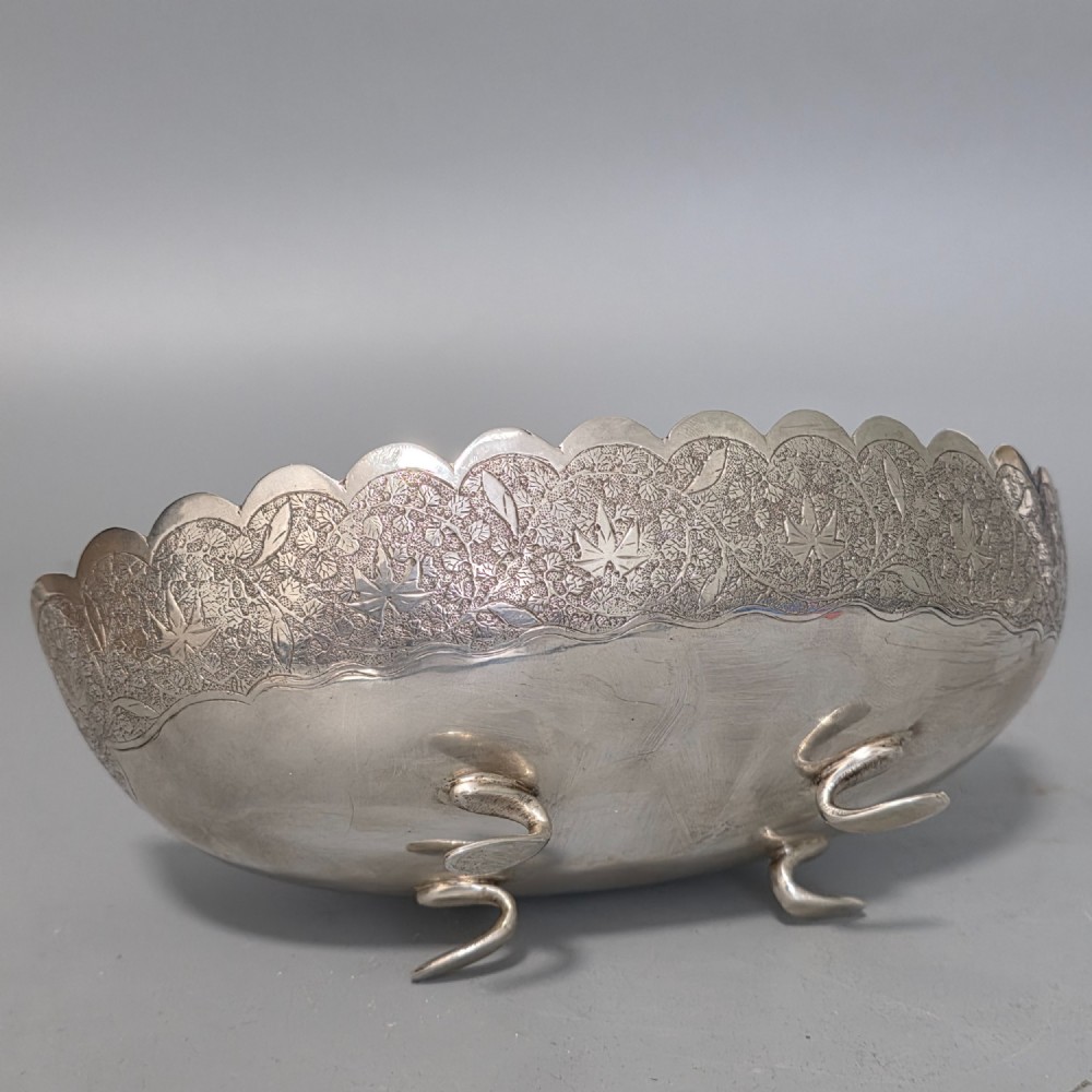 Delightful Quality Antique Persian Silver Engraved Oval Shaped Bowl View IV