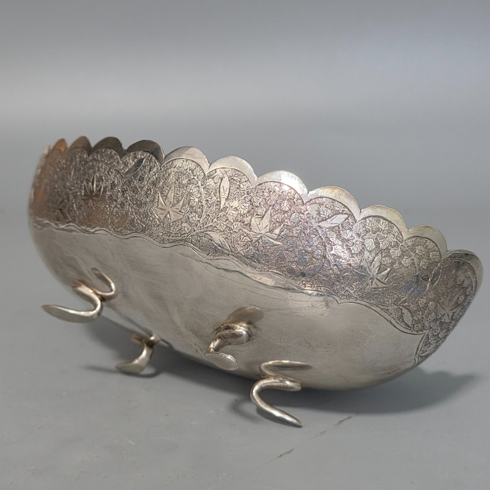 Delightful Quality Antique Persian Silver Engraved Oval Shaped Bowl View V