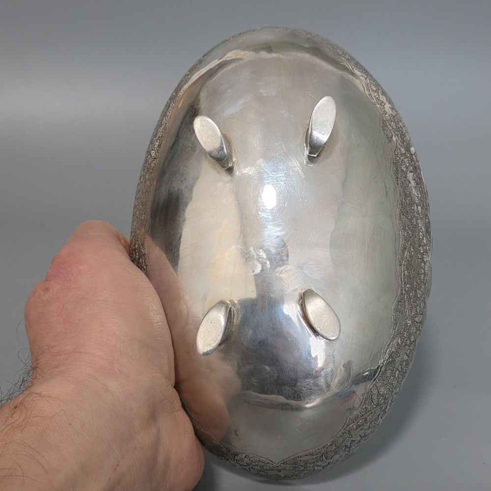 Delightful Quality Antique Persian Silver Engraved Oval Shaped Bowl View X