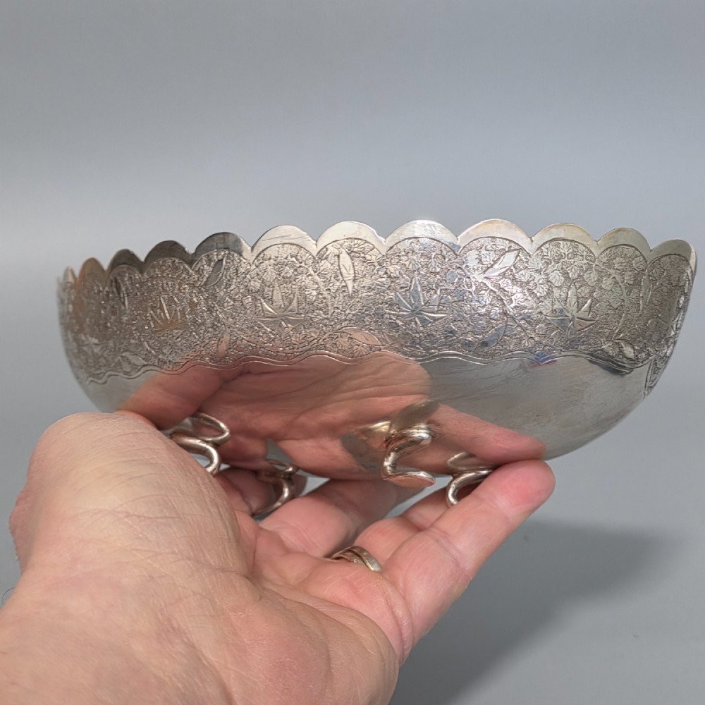 Delightful Quality Antique Persian Silver Engraved Oval Shaped Bowl View XV