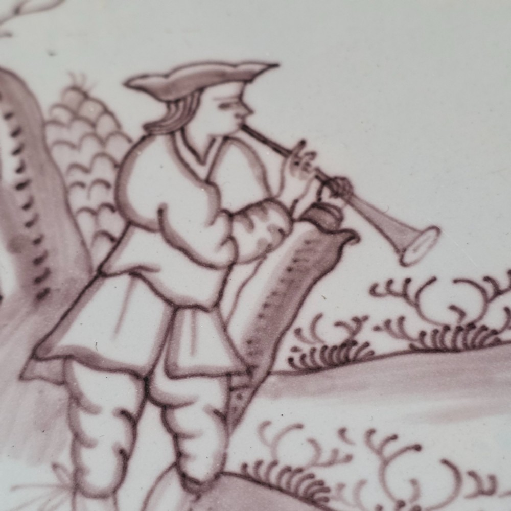 18th Century Liverpool Delft Manganese Tile Man Playing a Flute View II