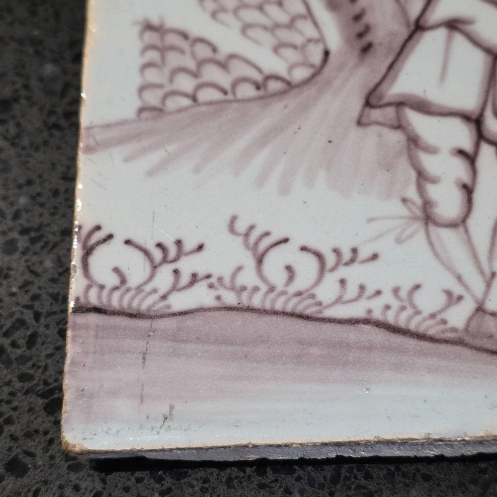 18th Century Liverpool Delft Manganese Tile Man Playing a Flute View IV