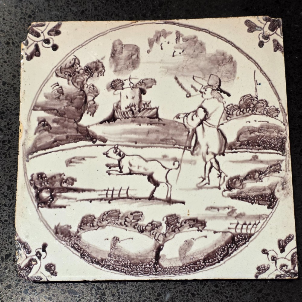 Liverpool Delft Manganese Tile - Man Dressed In His Finery Walking His Dog, Circa 1725 - 1750