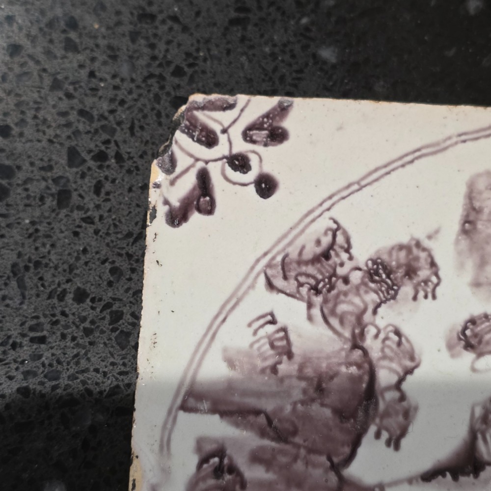 Liverpool Delft Manganese Tile - Man Dressed In His Finery Walking His Dog, Circa 1725 - 1750 View II