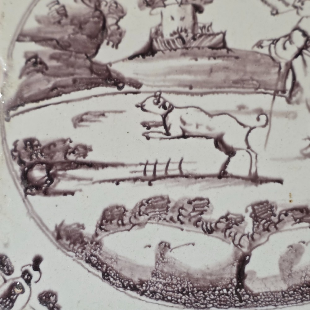 Liverpool Delft Manganese Tile - Man Dressed In His Finery Walking His Dog, Circa 1725 - 1750 View III