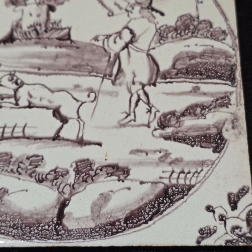Liverpool Delft Manganese Tile - Man Dressed In His Finery Walking His Dog, Circa 1725 - 1750 View IV