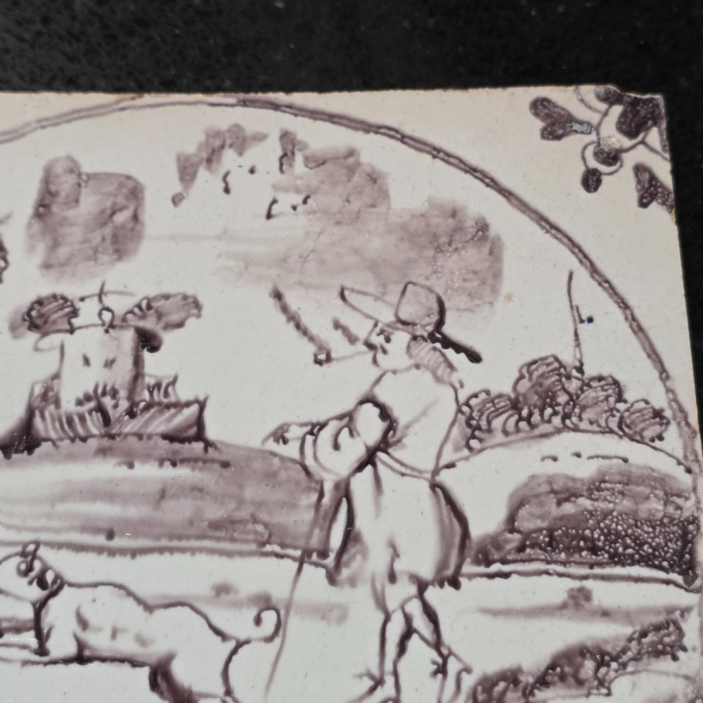 Liverpool Delft Manganese Tile - Man Dressed In His Finery Walking His Dog, Circa 1725 - 1750 View V