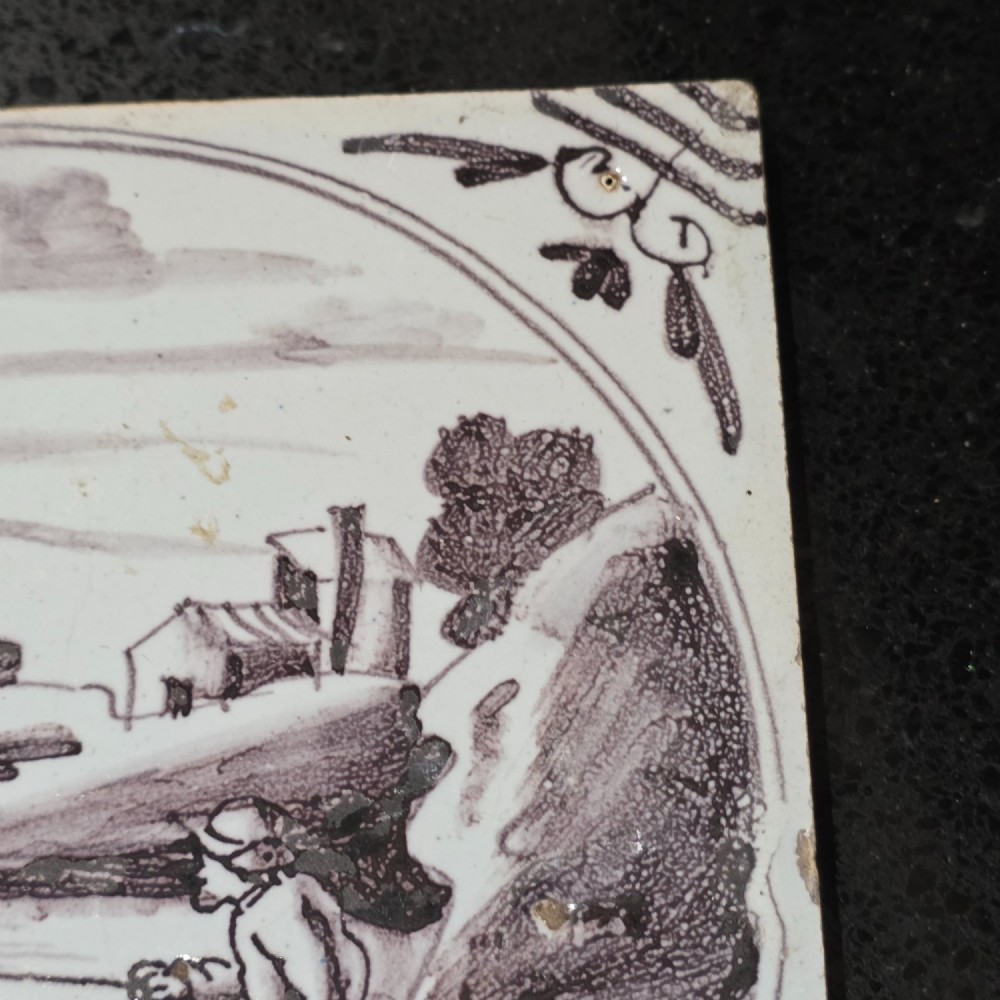 London delft tile painted in manganese with a man fishing in a river, circa 1725 - 1760 View IV