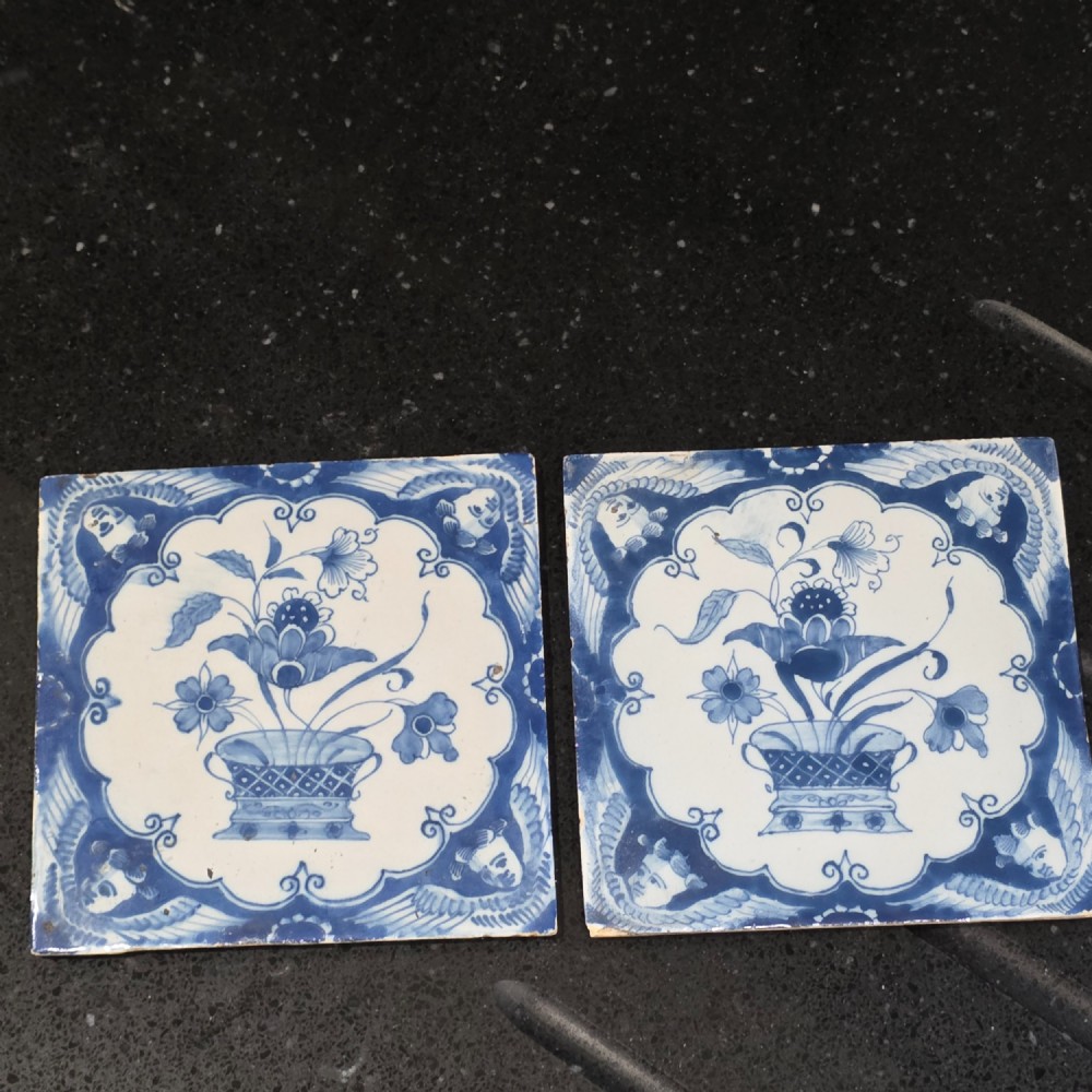 Pr Of 18thc Liverpool Delft Tiles Angel Head Corners And Floral Arrangement, Circa 1750
