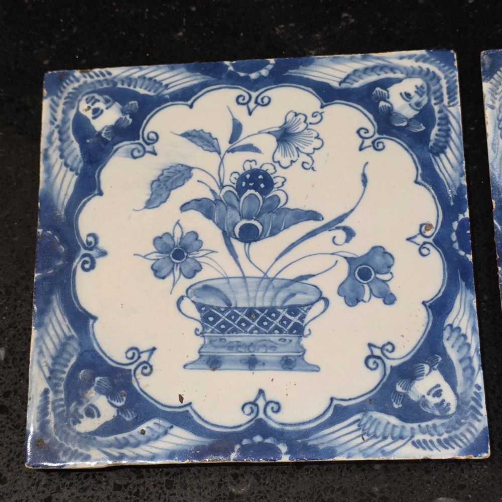 Pr Of 18thc Liverpool Delft Tiles Angel Head Corners And Floral Arrangement, Circa 1750 View II