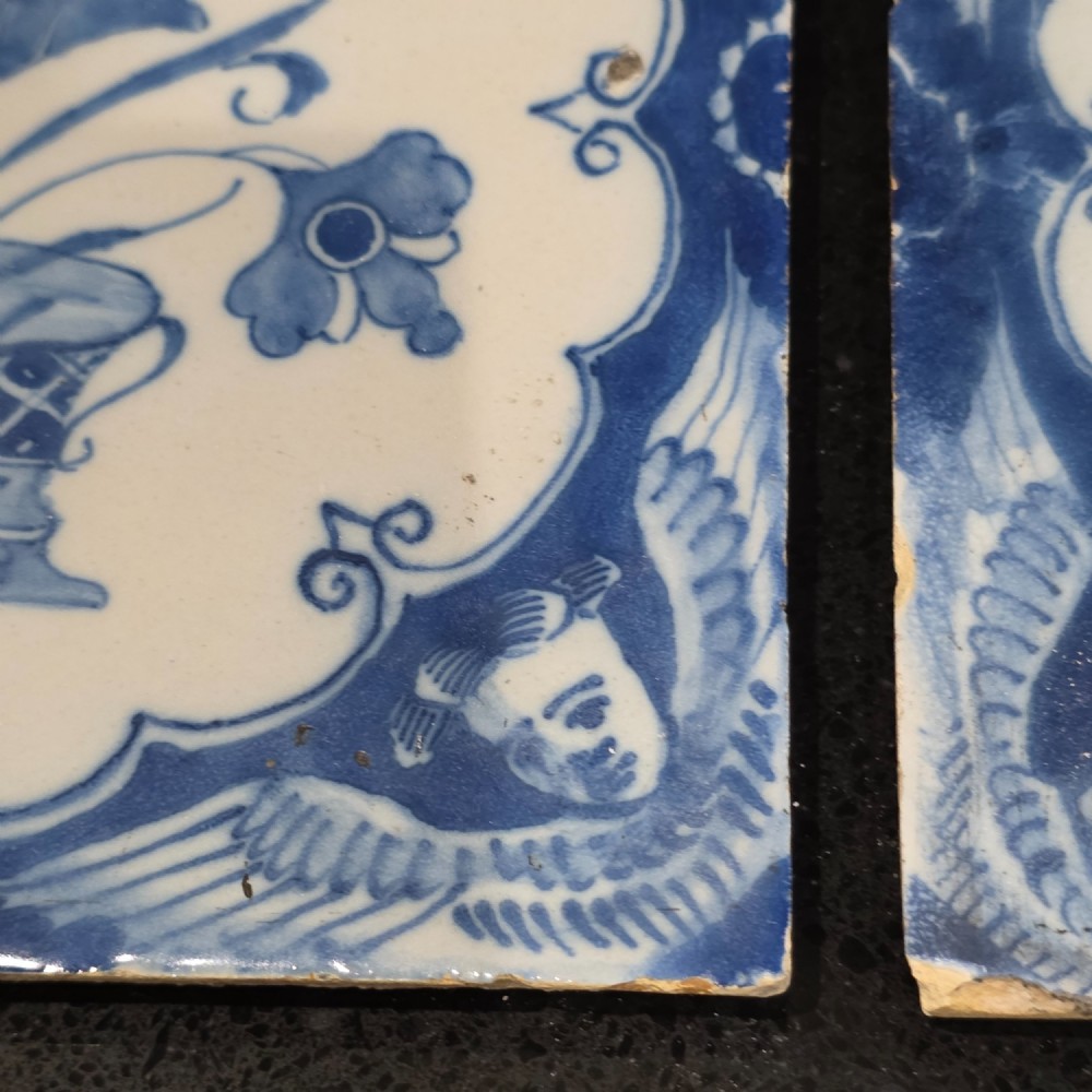 Pr Of 18thc Liverpool Delft Tiles Angel Head Corners And Floral Arrangement, Circa 1750 View III