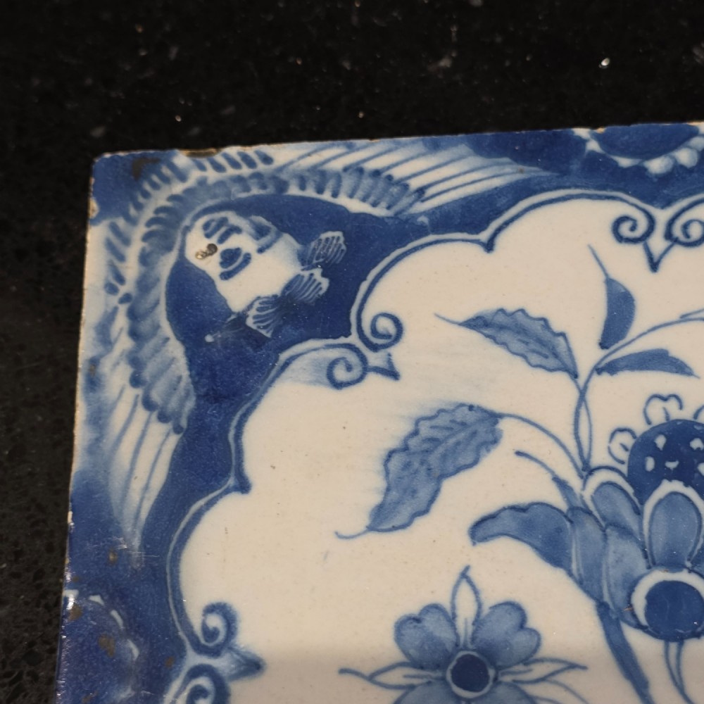 Pr Of 18thc Liverpool Delft Tiles Angel Head Corners And Floral Arrangement, Circa 1750 View V