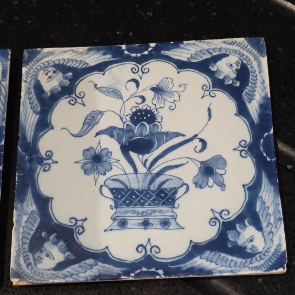 Pr Of 18thc Liverpool Delft Tiles Angel Head Corners And Floral Arrangement, Circa 1750 View VII