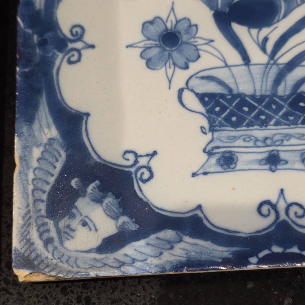 Pr Of 18thc Liverpool Delft Tiles Angel Head Corners And Floral Arrangement, Circa 1750 View VIII
