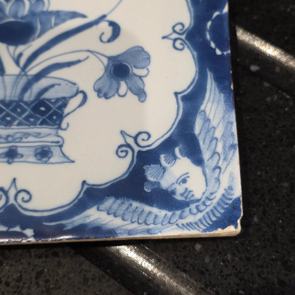 Pr Of 18thc Liverpool Delft Tiles Angel Head Corners And Floral Arrangement, Circa 1750 View IX