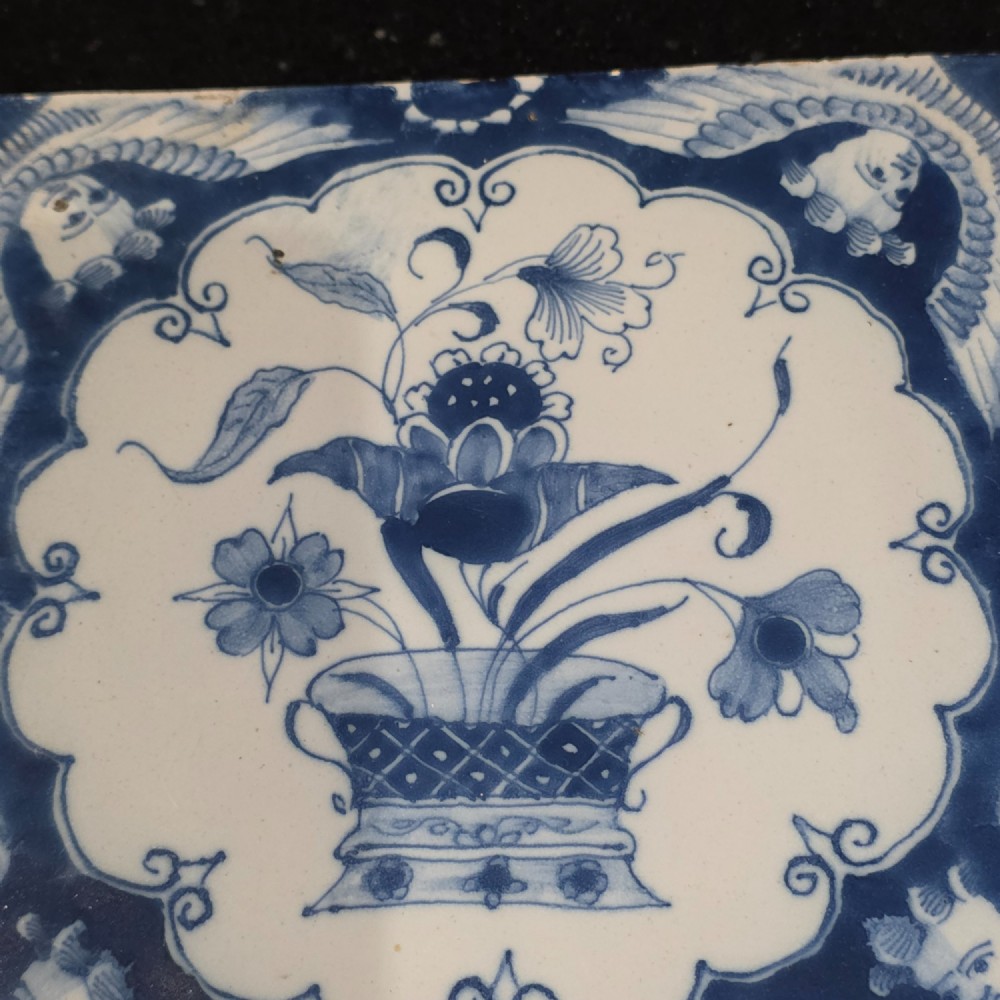 Pr Of 18thc Liverpool Delft Tiles Angel Head Corners And Floral Arrangement, Circa 1750 View X