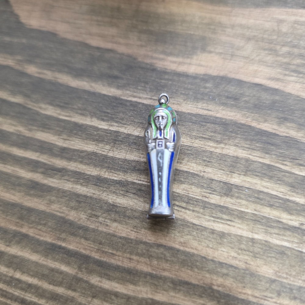 Antique Art Deco Silver Enamel Egyptian Revival Sarcophagus & Mummy Charm C1920S