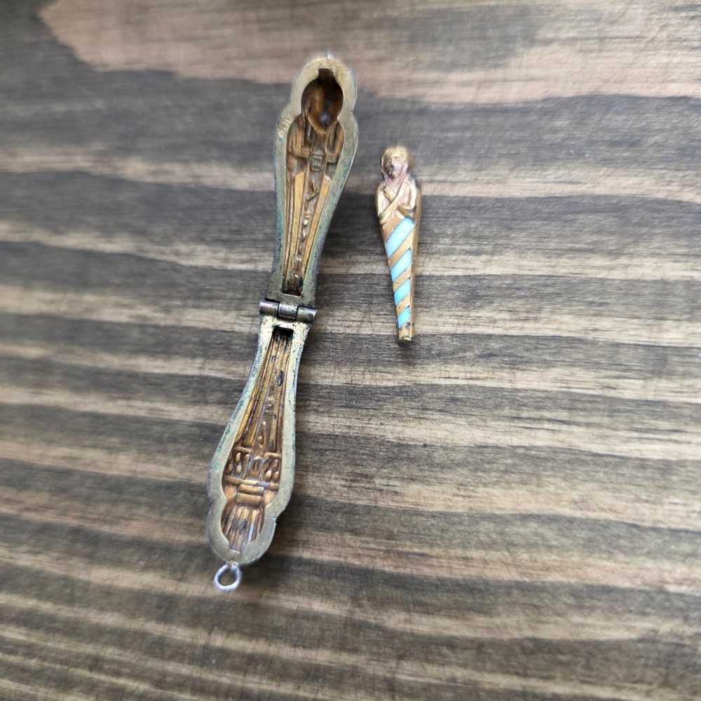Antique Art Deco Silver Enamel Egyptian Revival Sarcophagus & Mummy Charm C1920S View II