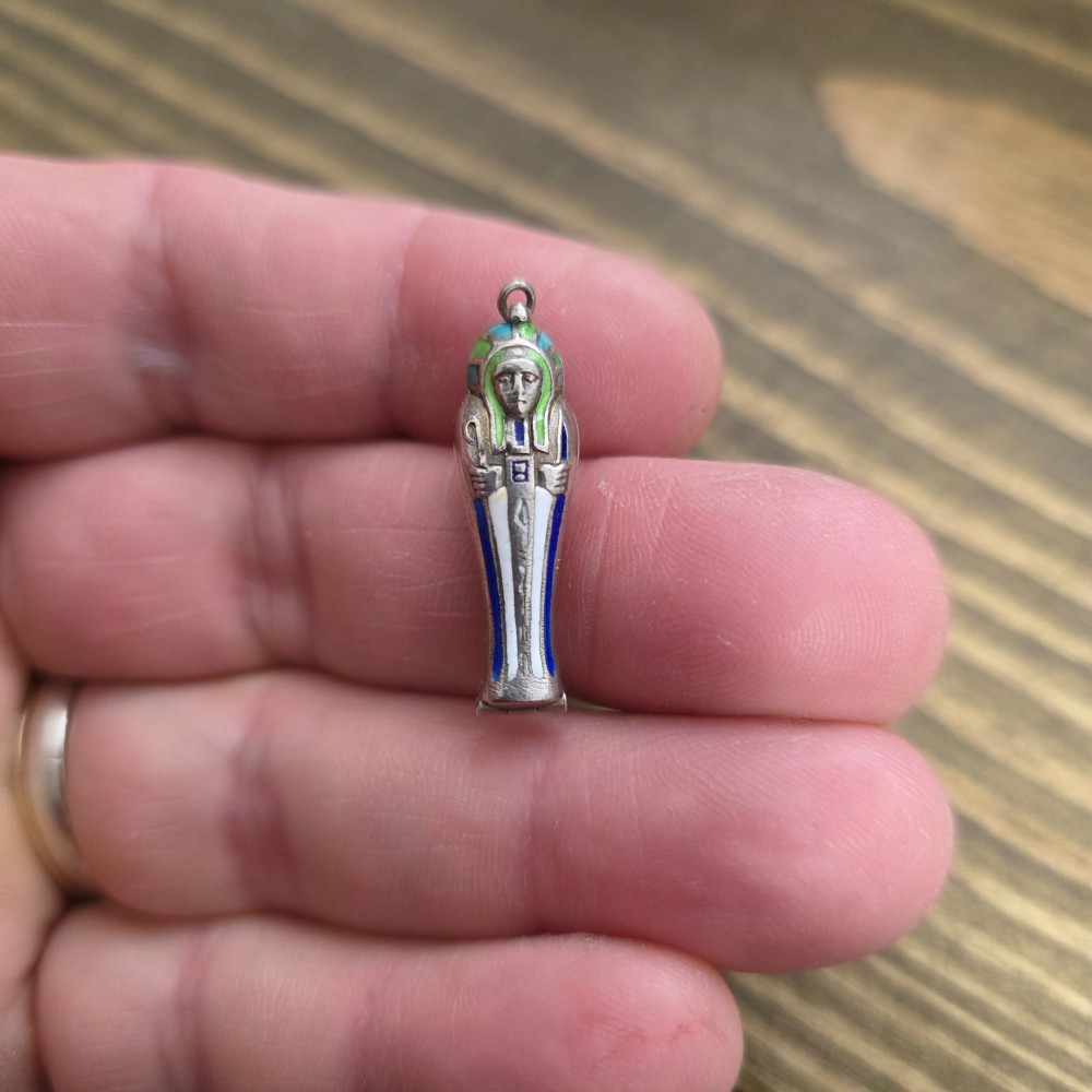 Antique Art Deco Silver Enamel Egyptian Revival Sarcophagus & Mummy Charm C1920S View III