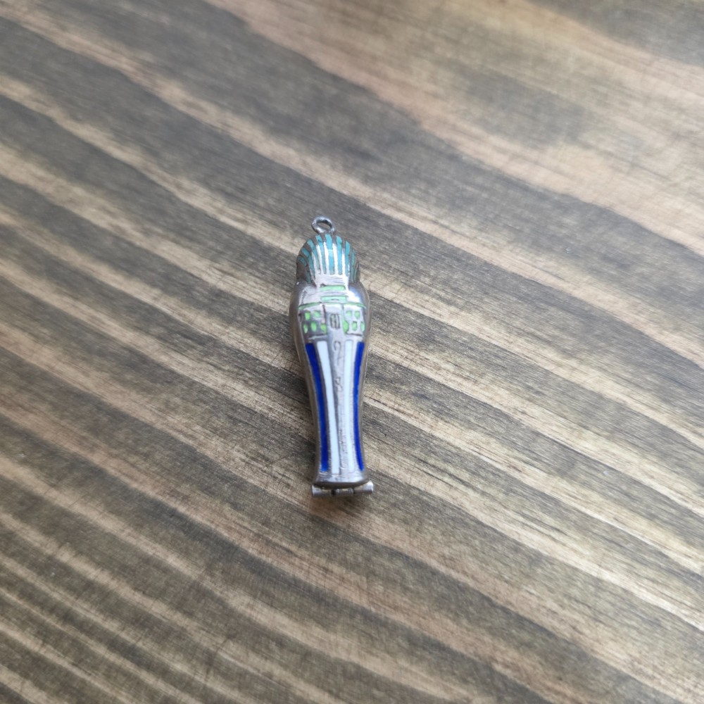 Antique Art Deco Silver Enamel Egyptian Revival Sarcophagus & Mummy Charm C1920S View IV