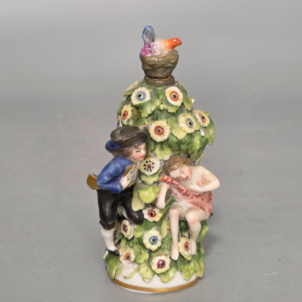 Antique German Porcelain Figural Scent Bottle & Stopper c.1850 – Chelsea Gold Anchor Style