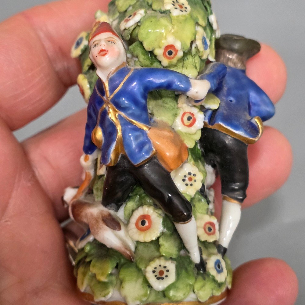 Antique German Porcelain Figural Scent Bottle & Stopper c.1850 – Chelsea Gold Anchor Style View XI