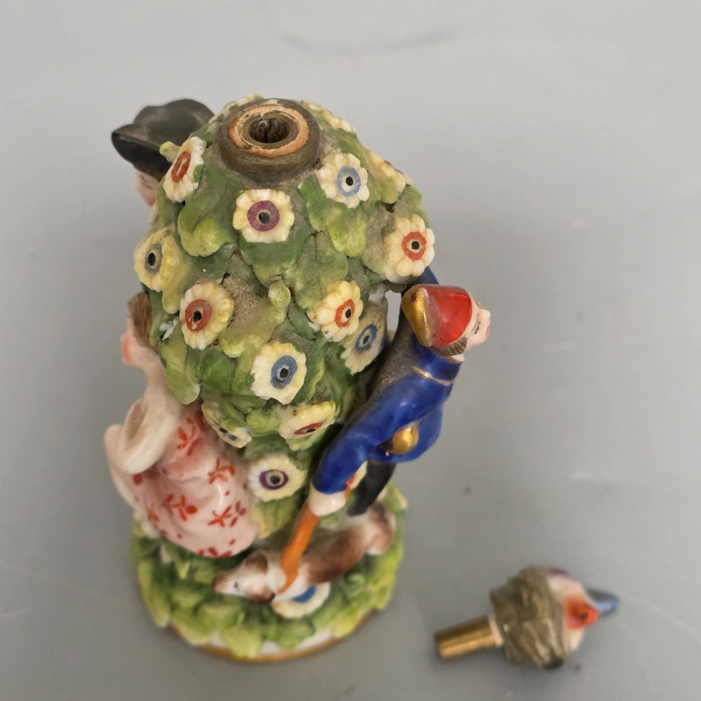 Antique German Porcelain Figural Scent Bottle & Stopper c.1850 – Chelsea Gold Anchor Style View XIV