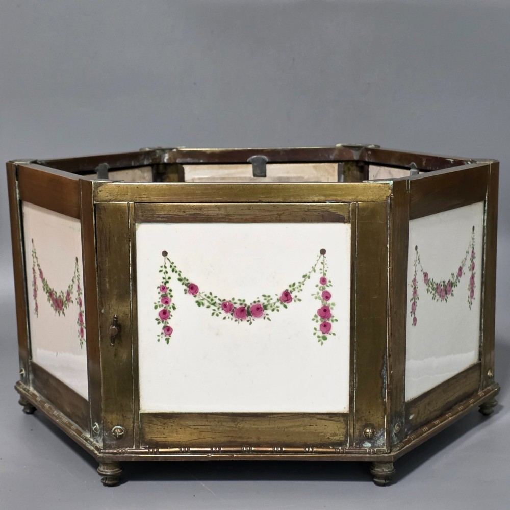Magnificent Large Antique Brass Hexagonal Planter with Decorative Tiled Panels c.1900