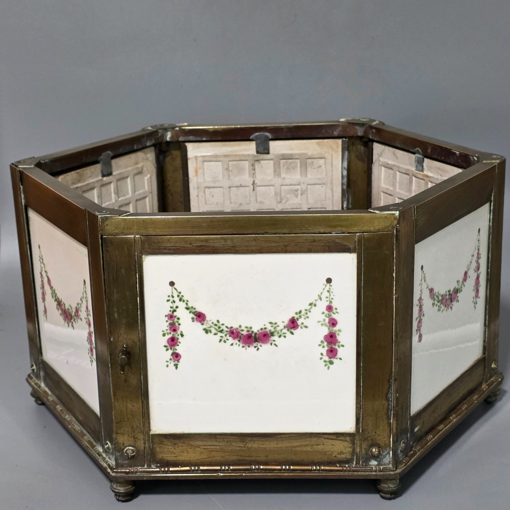 Magnificent Large Antique Brass Hexagonal Planter with Decorative Tiled Panels c.1900 View II