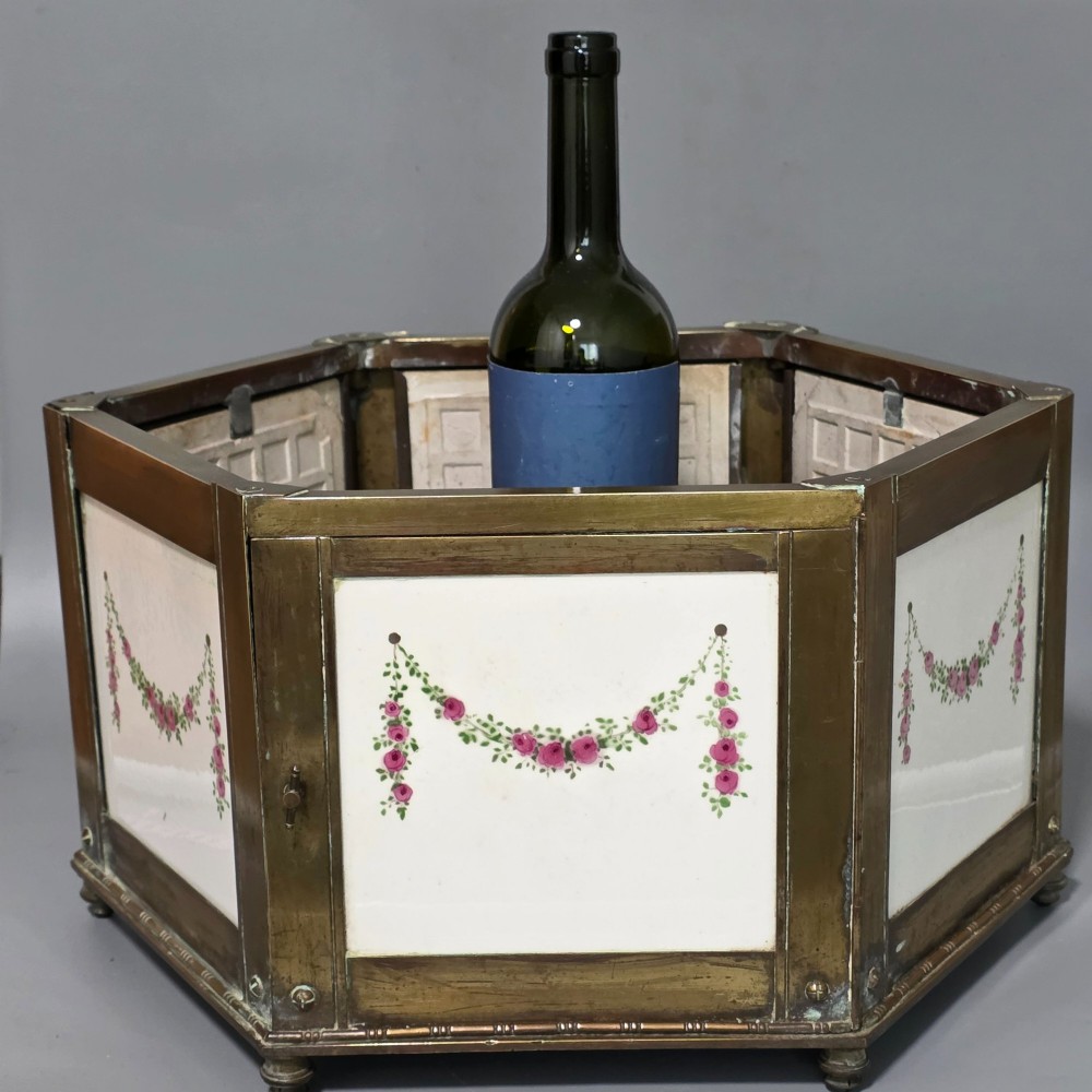 Magnificent Large Antique Brass Hexagonal Planter with Decorative Tiled Panels c.1900 View III