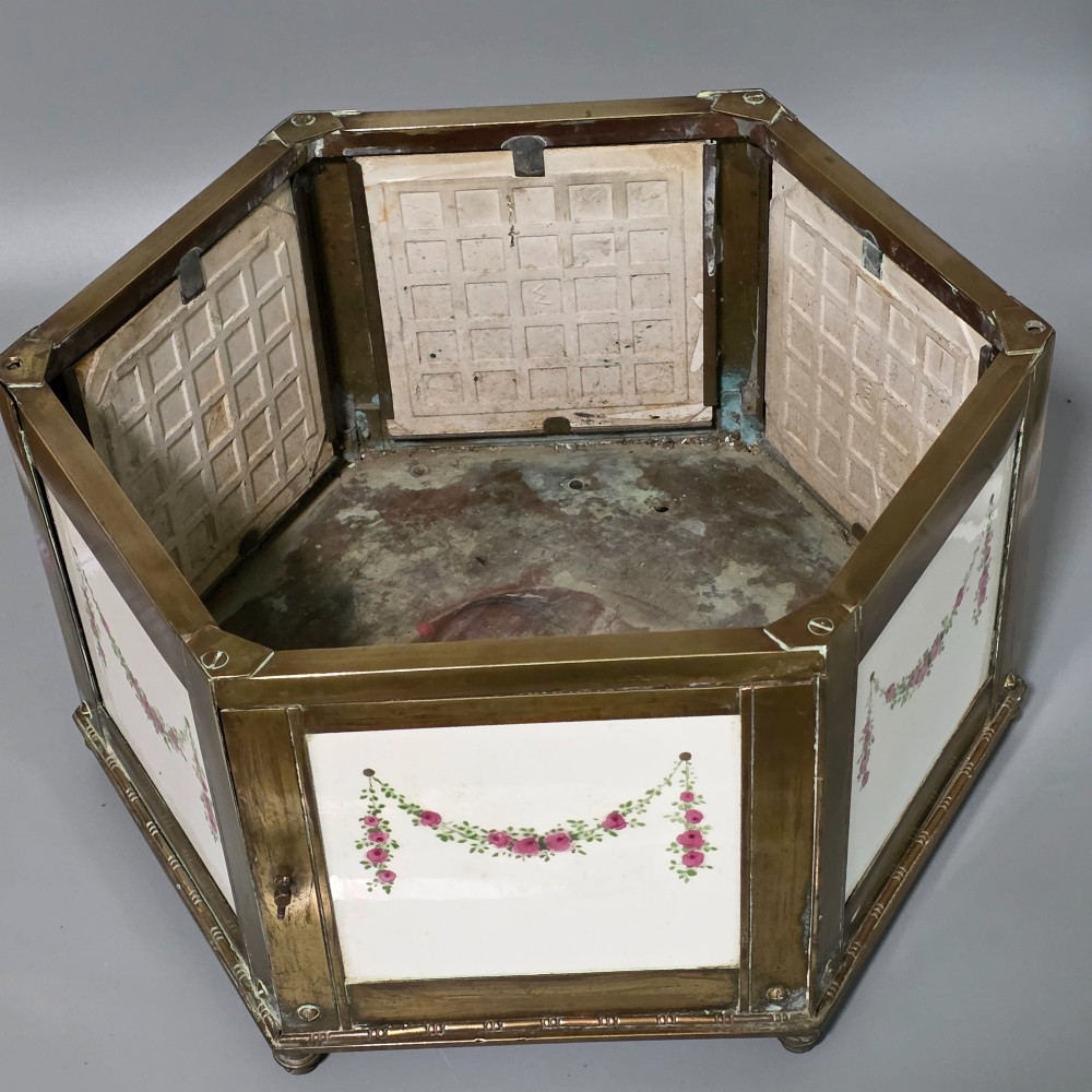 Magnificent Large Antique Brass Hexagonal Planter with Decorative Tiled Panels c.1900 View VIII