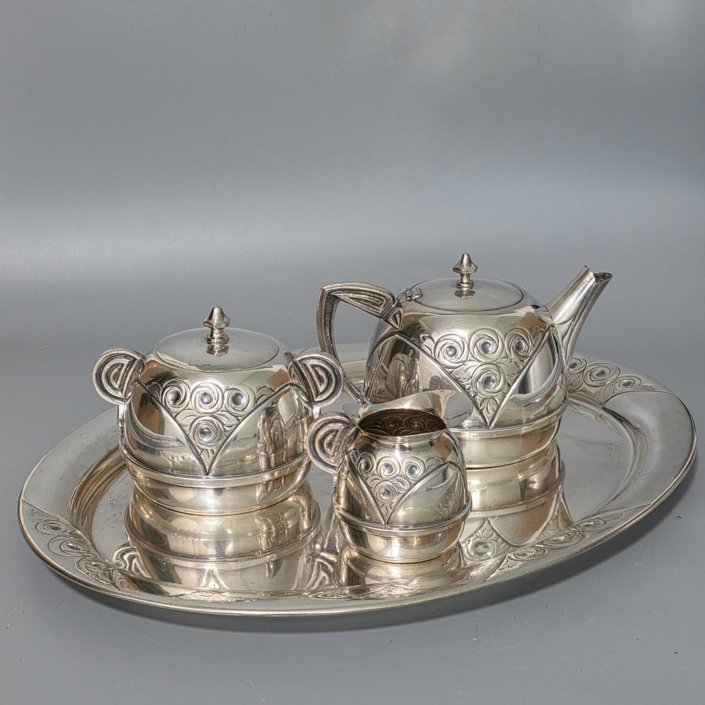 Stylish Antique Secessionist Silver Plate Tea Set & Tray – Four Piece Art Nouveau Service c.1900