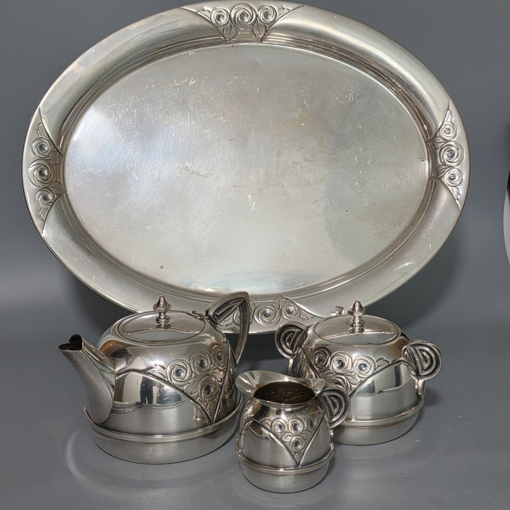 Stylish Antique Secessionist Silver Plate Tea Set & Tray – Four Piece Art Nouveau Service c.1900 View II