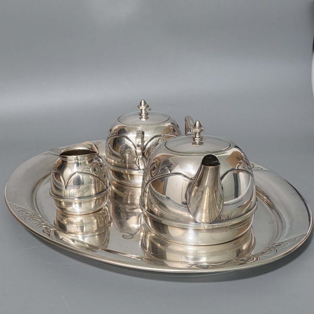 Stylish Antique Secessionist Silver Plate Tea Set & Tray – Four Piece Art Nouveau Service c.1900 View III