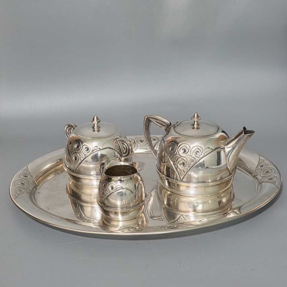 Stylish Antique Secessionist Silver Plate Tea Set & Tray – Four Piece Art Nouveau Service c.1900 View IV
