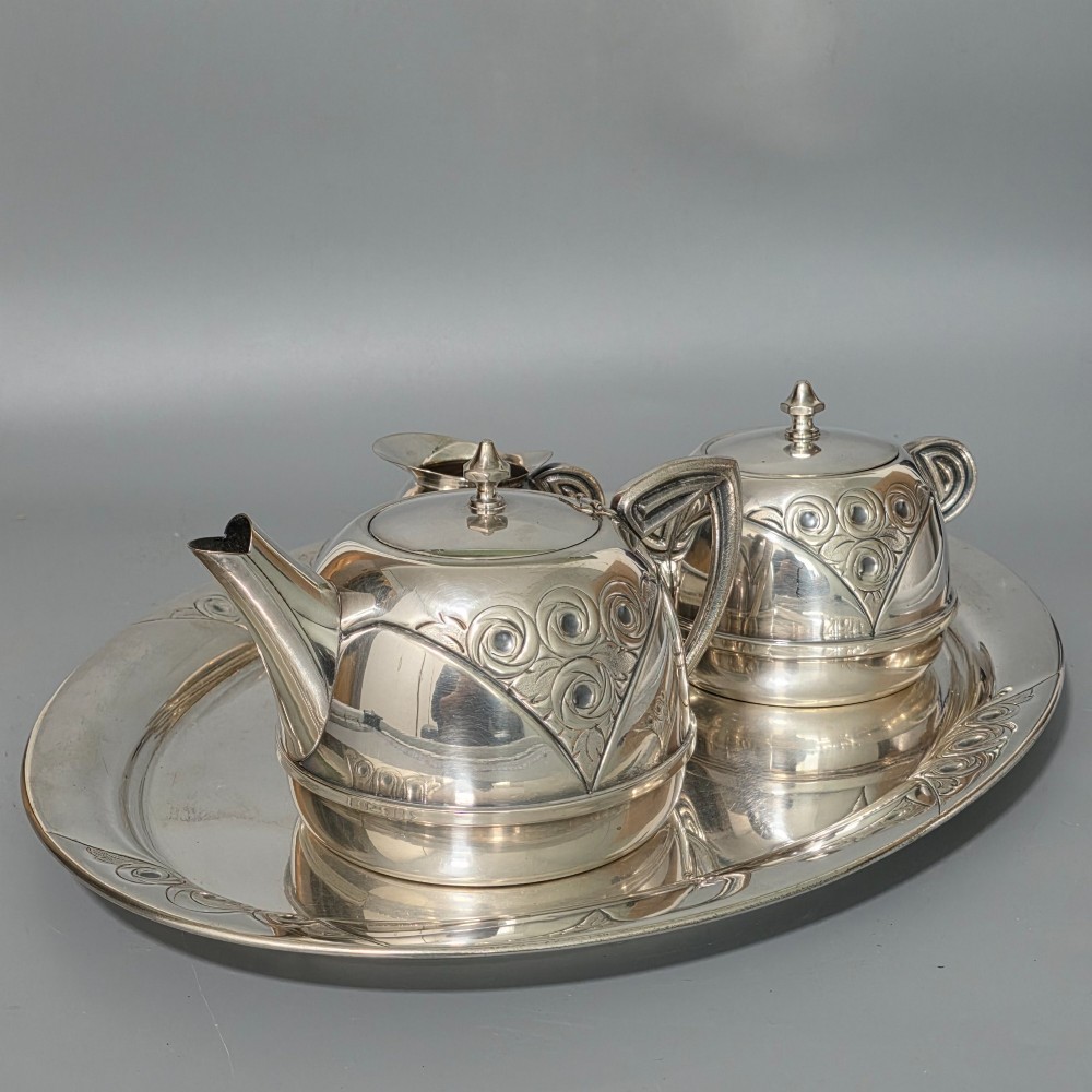 Stylish Antique Secessionist Silver Plate Tea Set & Tray – Four Piece Art Nouveau Service c.1900 View V