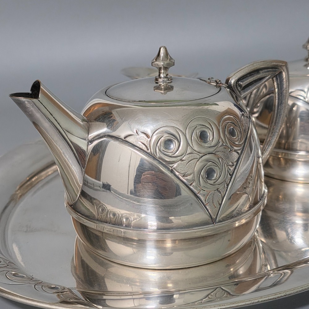 Stylish Antique Secessionist Silver Plate Tea Set & Tray – Four Piece Art Nouveau Service c.1900 View VI