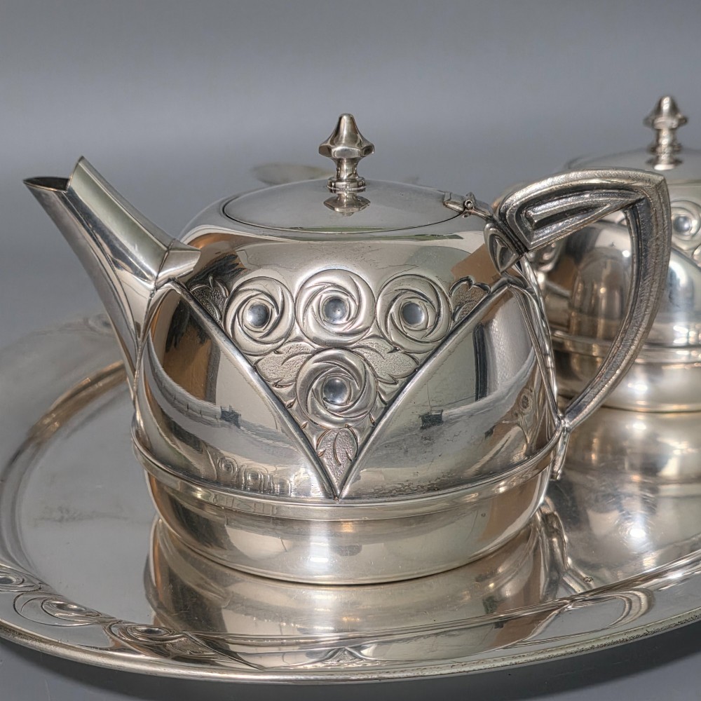 Stylish Antique Secessionist Silver Plate Tea Set & Tray – Four Piece Art Nouveau Service c.1900 View VII