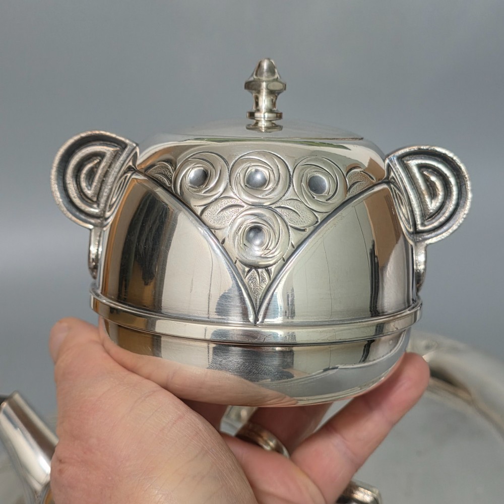 Stylish Antique Secessionist Silver Plate Tea Set & Tray – Four Piece Art Nouveau Service c.1900 View IX